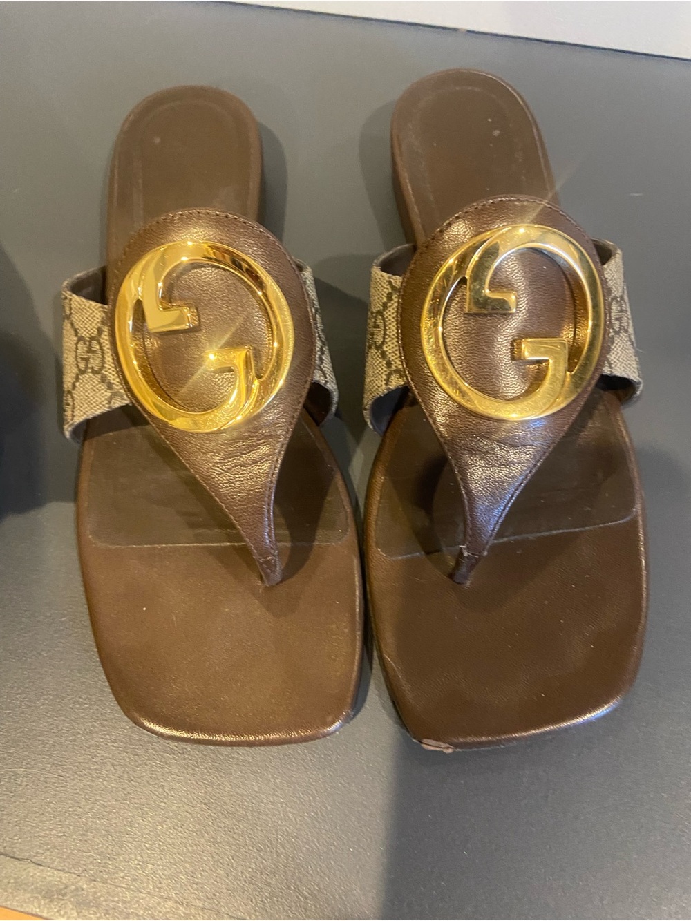 Gucci Brown and Gold GG Thong Sandals